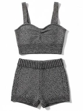 ZARA Knit Two Piece Set Small Black White Marled Lounge Set Crop Tank & Shorts